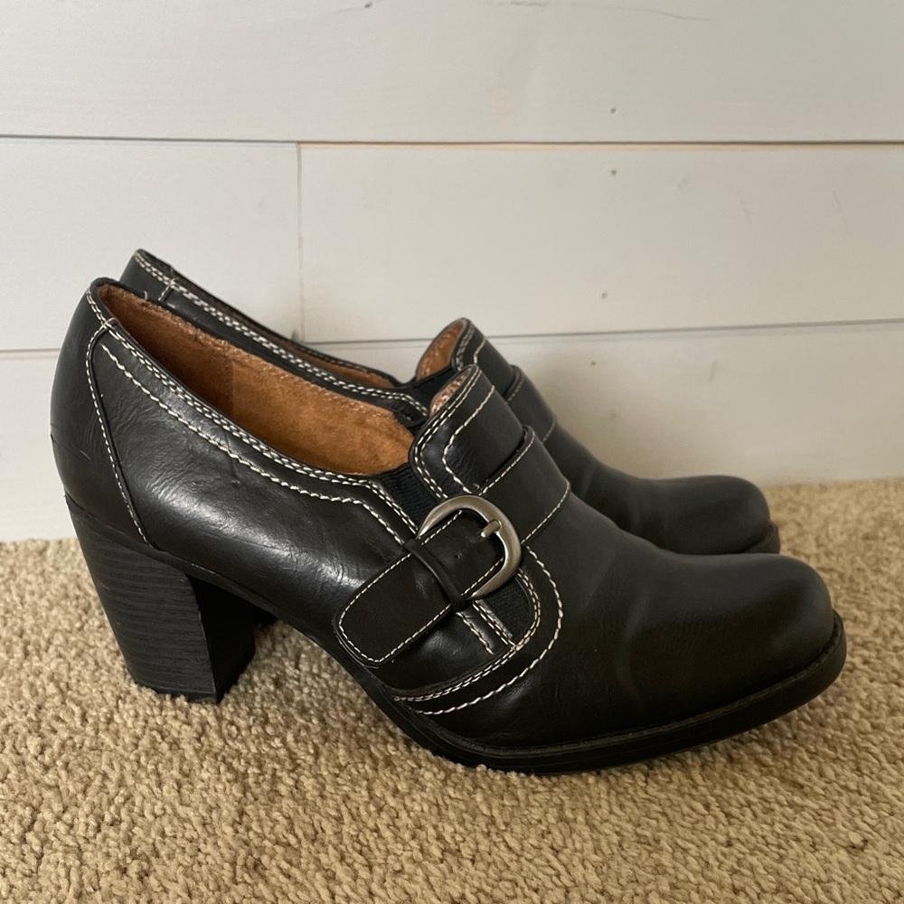 Natural Soul Black Buckle Block Heel Loafers 9.5 Witchy Vegan Leather Goth